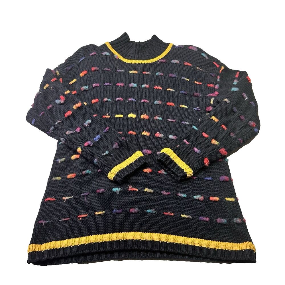 Vintage 80s Richard and Company Popcorn Knit Sweater Black Rainbow Nubby